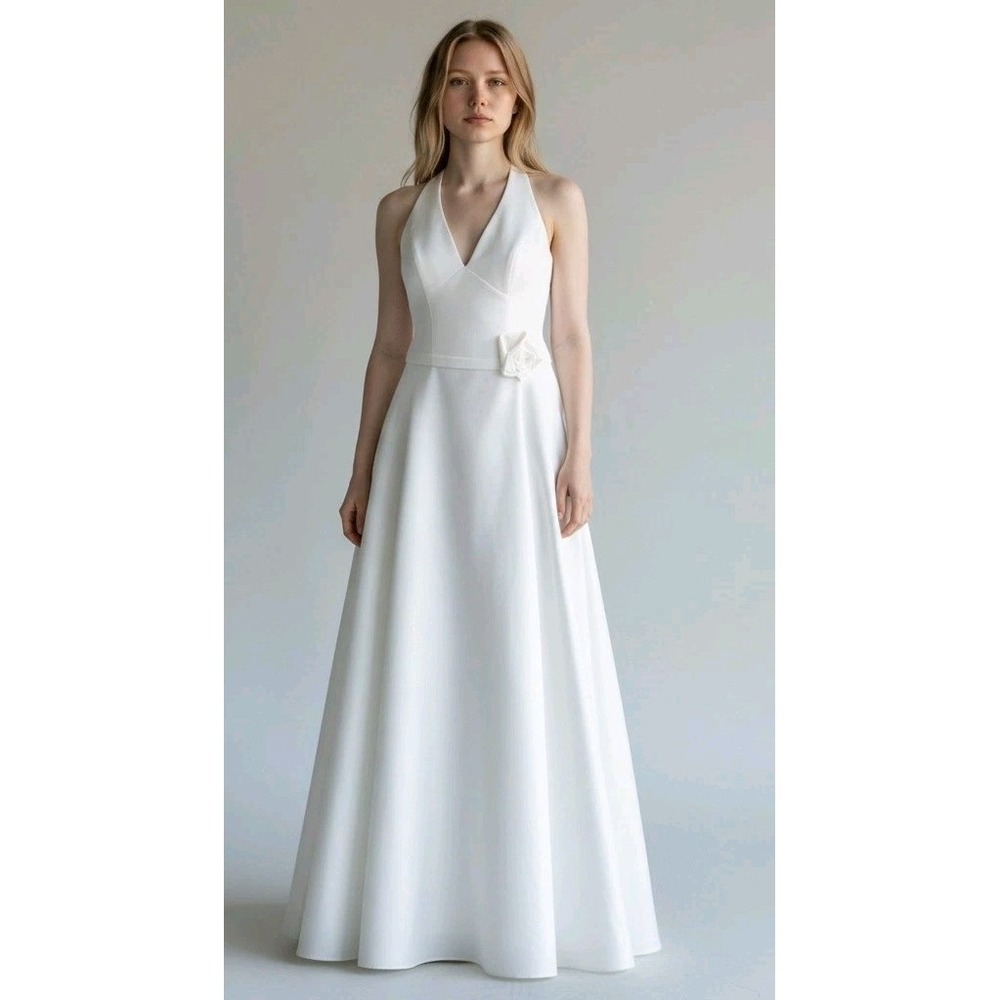 DaVinci Wedding Dress 6 Ivory Halter V-neck Sm Train Button Zip‎ Minimalist NWT